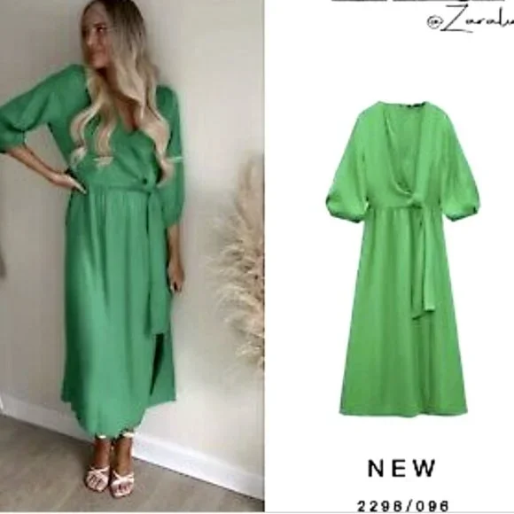 ZARA NEW WOMAN KNOTTED SATIN EFFECT DRESS MIDI Wrapped knot GREEN XS L  2298/096